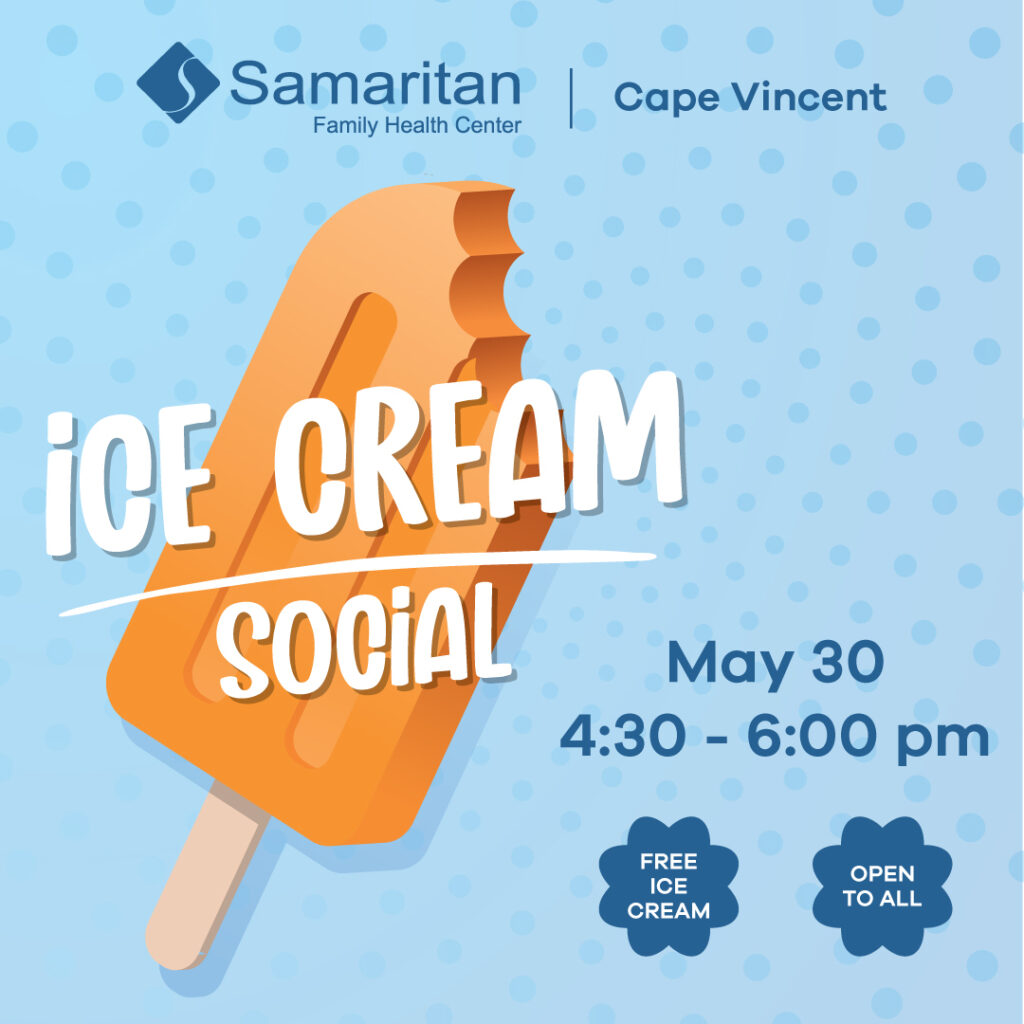 Flyer for Ice Cream social event. Shows an orange popsicle. Reads Ice Cream Social. May 30. 4:30 - 6:30 p.m