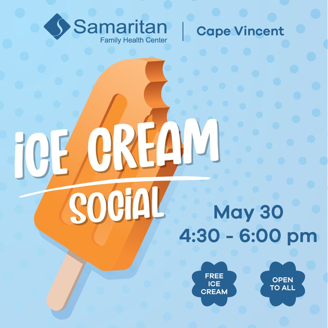 Flyer for Ice Cream social event. Shows an orange popsicle. Reads Ice Cream Social. May 30. 4:30 - 6:30 p.m