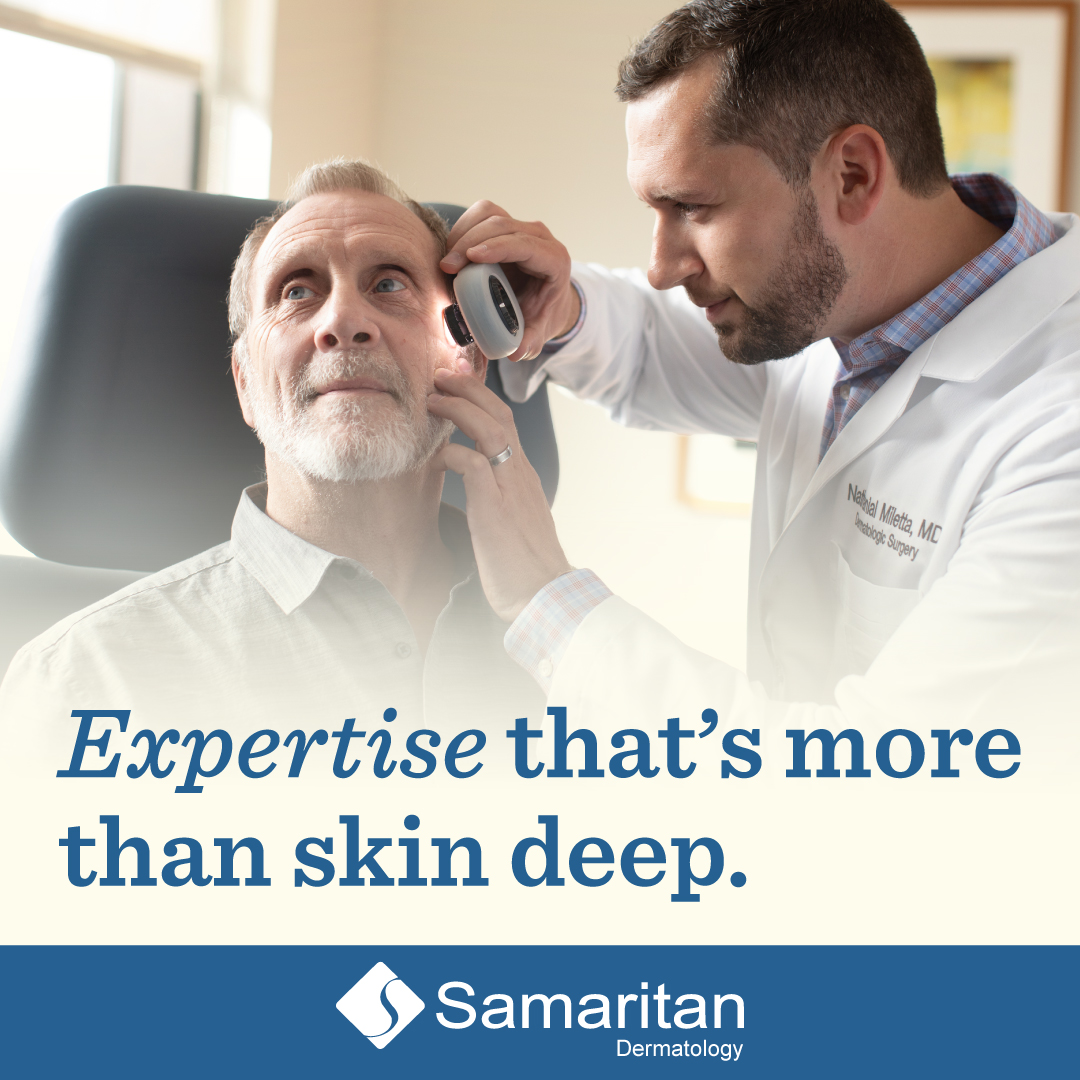 Graphic reads: Expertise that's more than skin deep. Image shows Dr. Miletta examining a male patient skin.