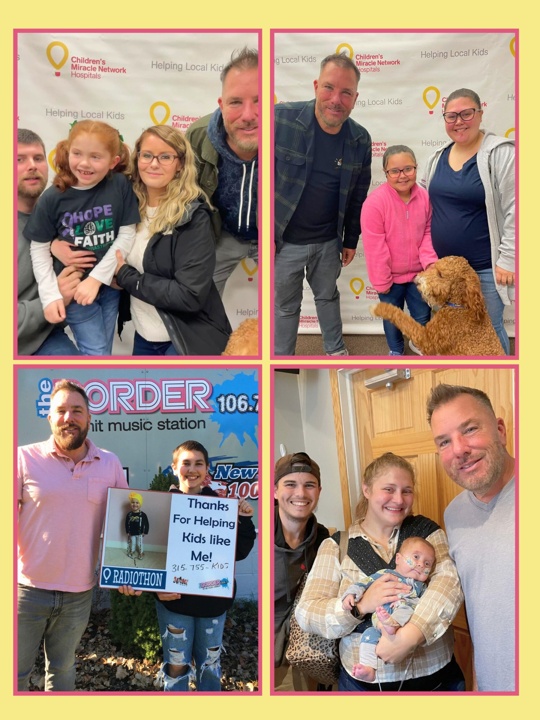 Photo collage of Johnny Spezzano, Radiothon host, with Children's Miracle Network families while they visited the Border radio studio during Radiothon.