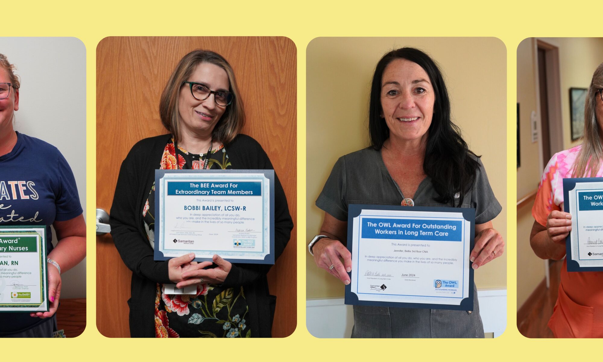 Image shows June 2024 Samaritan employees awards winners: Cindy Keenan, RN, Daisy Award; Bobbi Bailey, LCSW-R, BEE Award; Jennifer Bellis, CNA, SSV OWL Award, and Dorris McIntosh, unit clerk at SKH, OWL Award winner