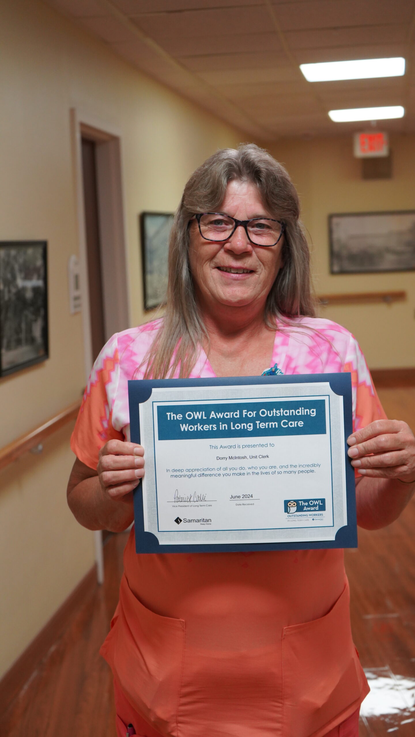 Dorri MacIntosh, unit clerk. Samaritan Keep Home June 2024 OWL Award winer.