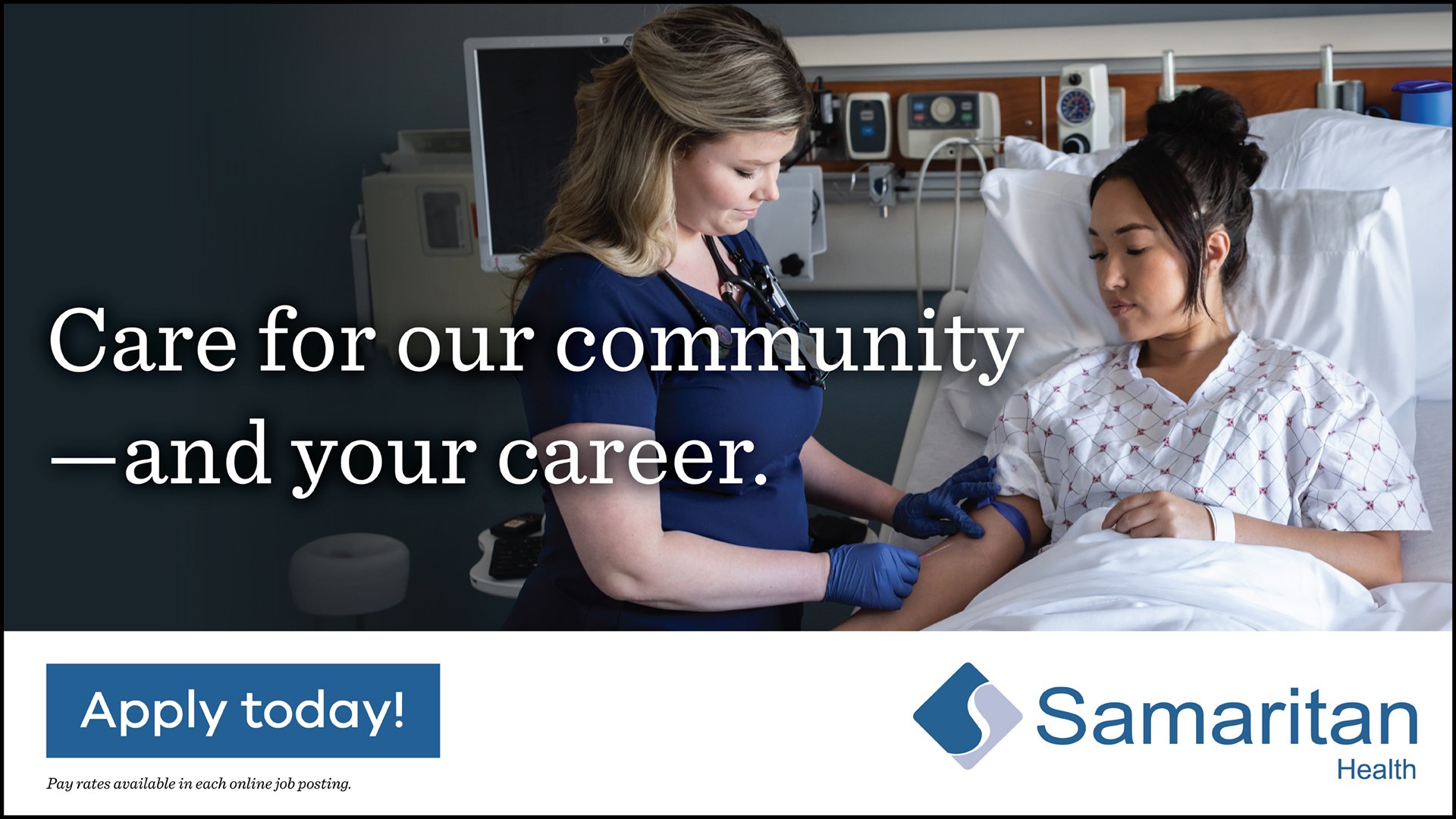 Illustrative image shows a nurse caring for a patient. Clickable Apply Today.