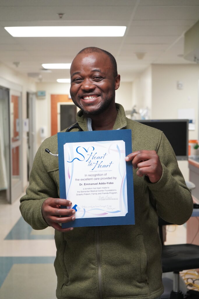 Dr. Emmanuel Addo-Yobo, Pulmonologist and Critical Care, received a Heart to Heart Grateful Patient recognition