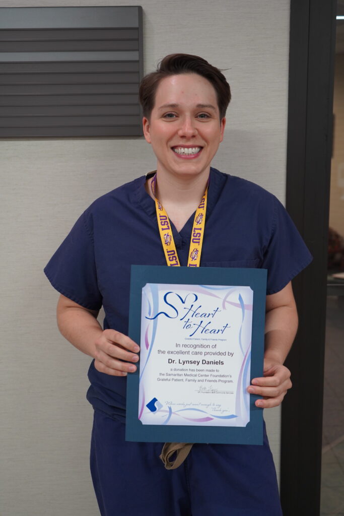 Dr. Lynsey Daniels, general surgeon, received a Heart to Heart Grateful Patient recognition