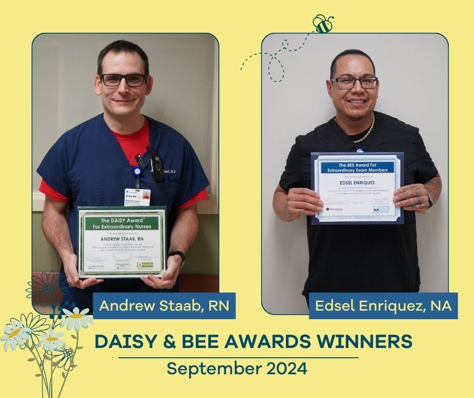 Daisy and Bee September 2024 featured image: shows Daisy winner Andrew Staab, RN, and Bee winner, Edsel Enriquez, NA.