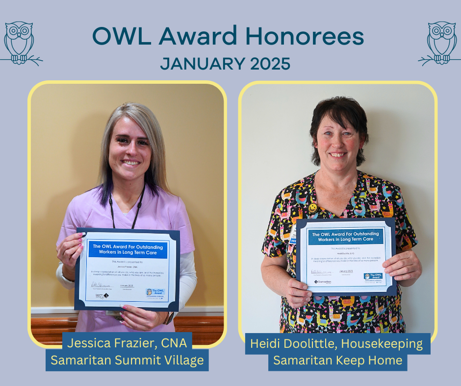Graphic showing January 2025 OWL Award Winners Jessica Frazier, CNA, and Heidi Doolittle, Housekeeper