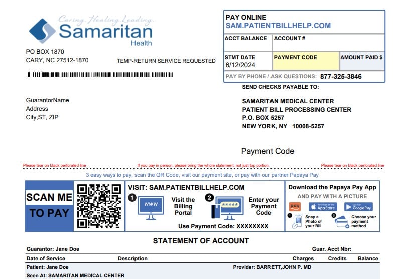 Samaritan Billing Statement Example
