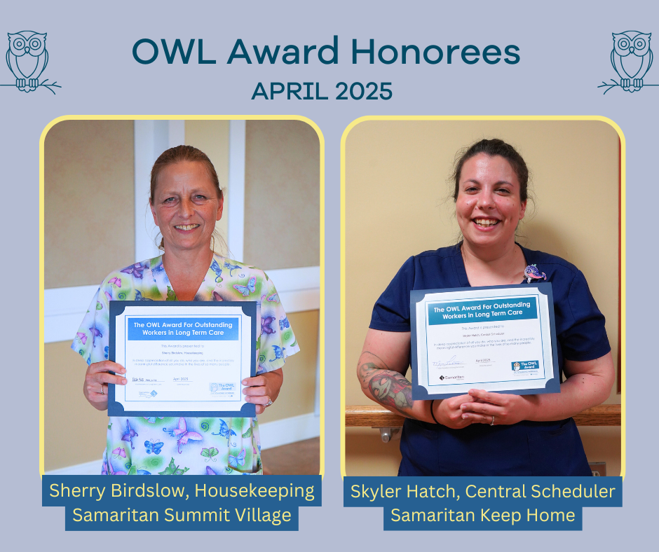 Graphic of April 2025 OWL Winners Sherry Birdslow and Skyler Hatch
