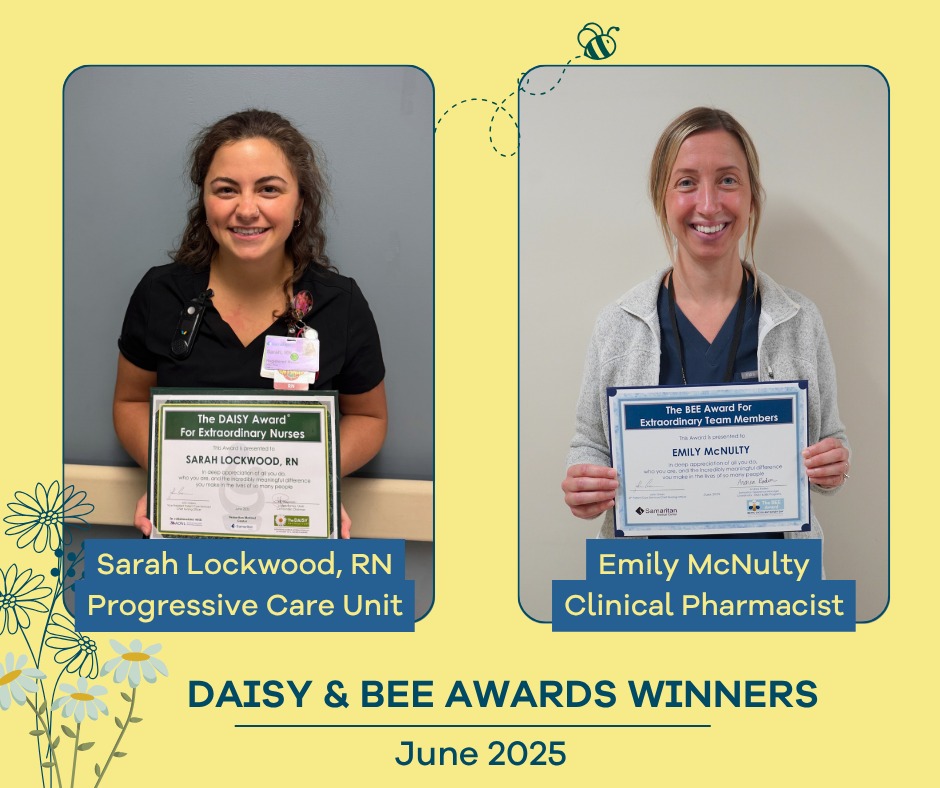 Graphic of the June 2025 DAISY and BEE Award Winners Sarah Lockwood, RN and Emily McNulty, Clinical Pharmacist