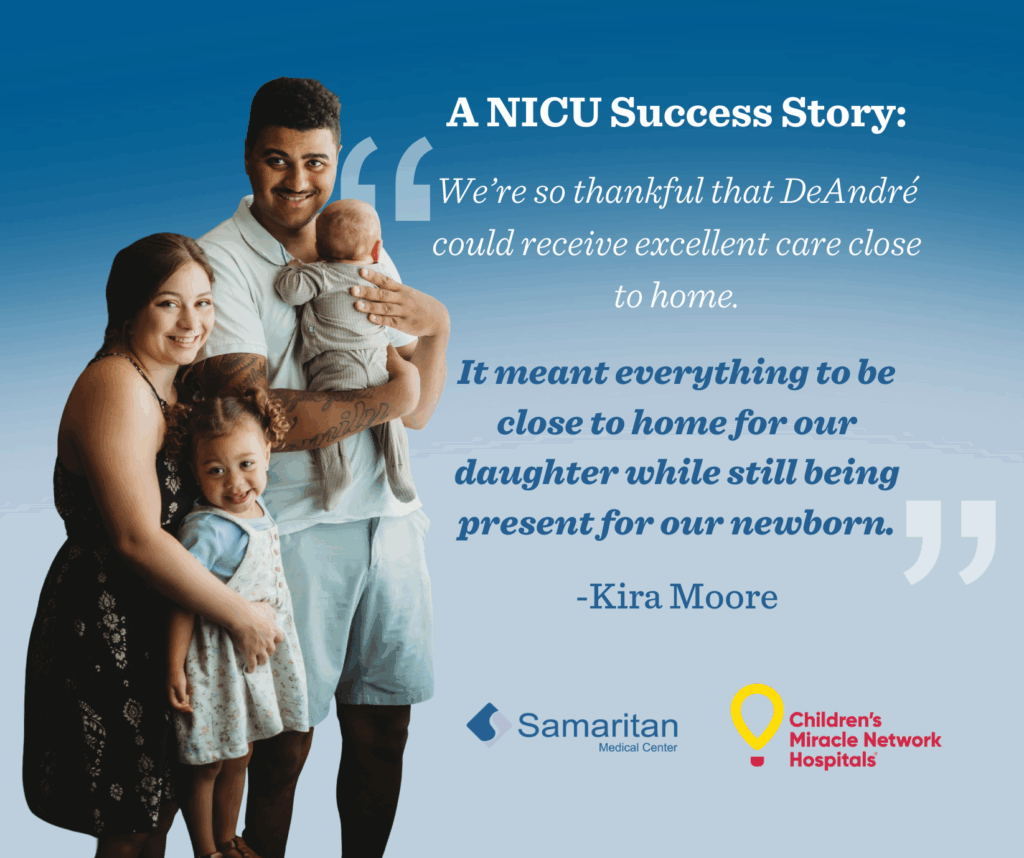 Graphic shows a NICU Testimonial with a photo of the family