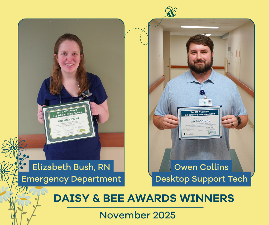 Graphic shows the Daisy and BEE Winners for November 2025: Elizabeth Bush and Owen Collins.