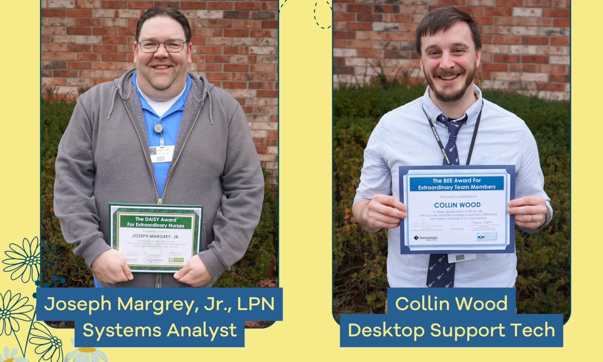 A graphic showing the December DAISY and BEE Winners