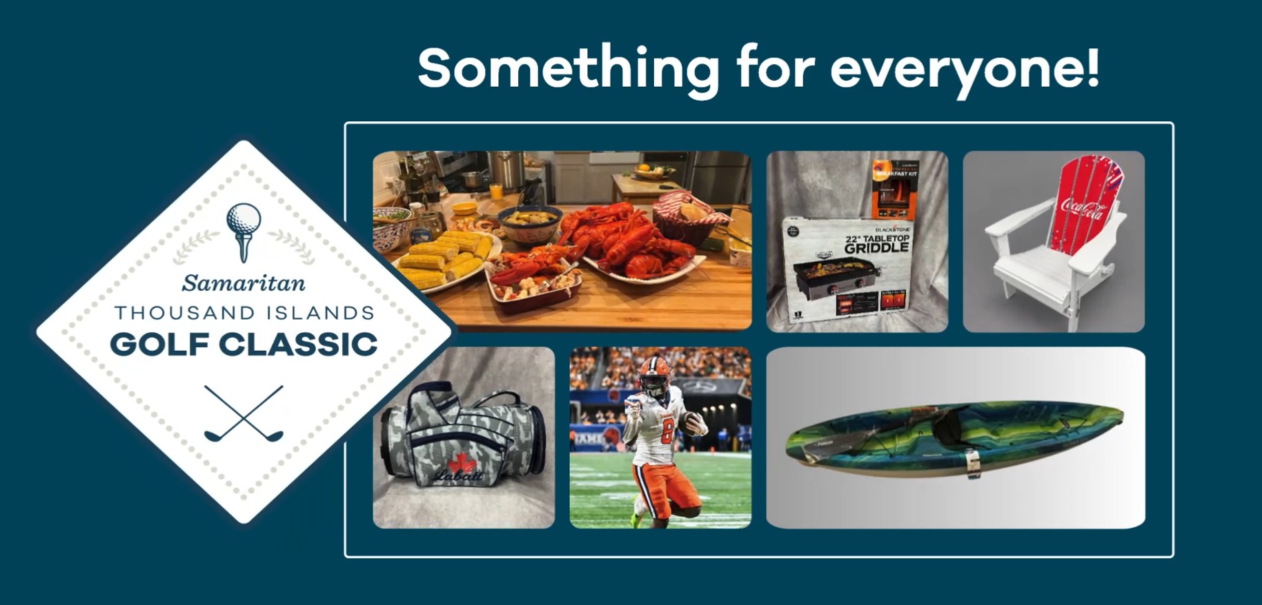 Graphic showing an array of auction items up for bid during the Thousand Islands Golf Classic