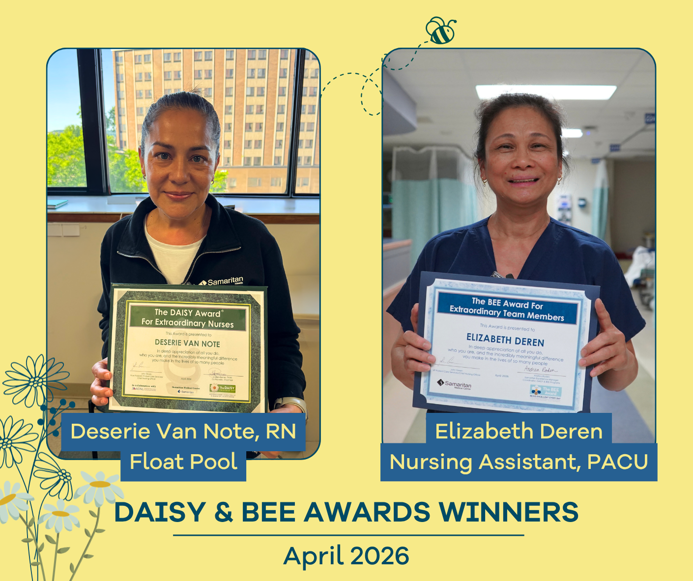 graphic showing winners of the April 2026 DAISY and BEE Awards