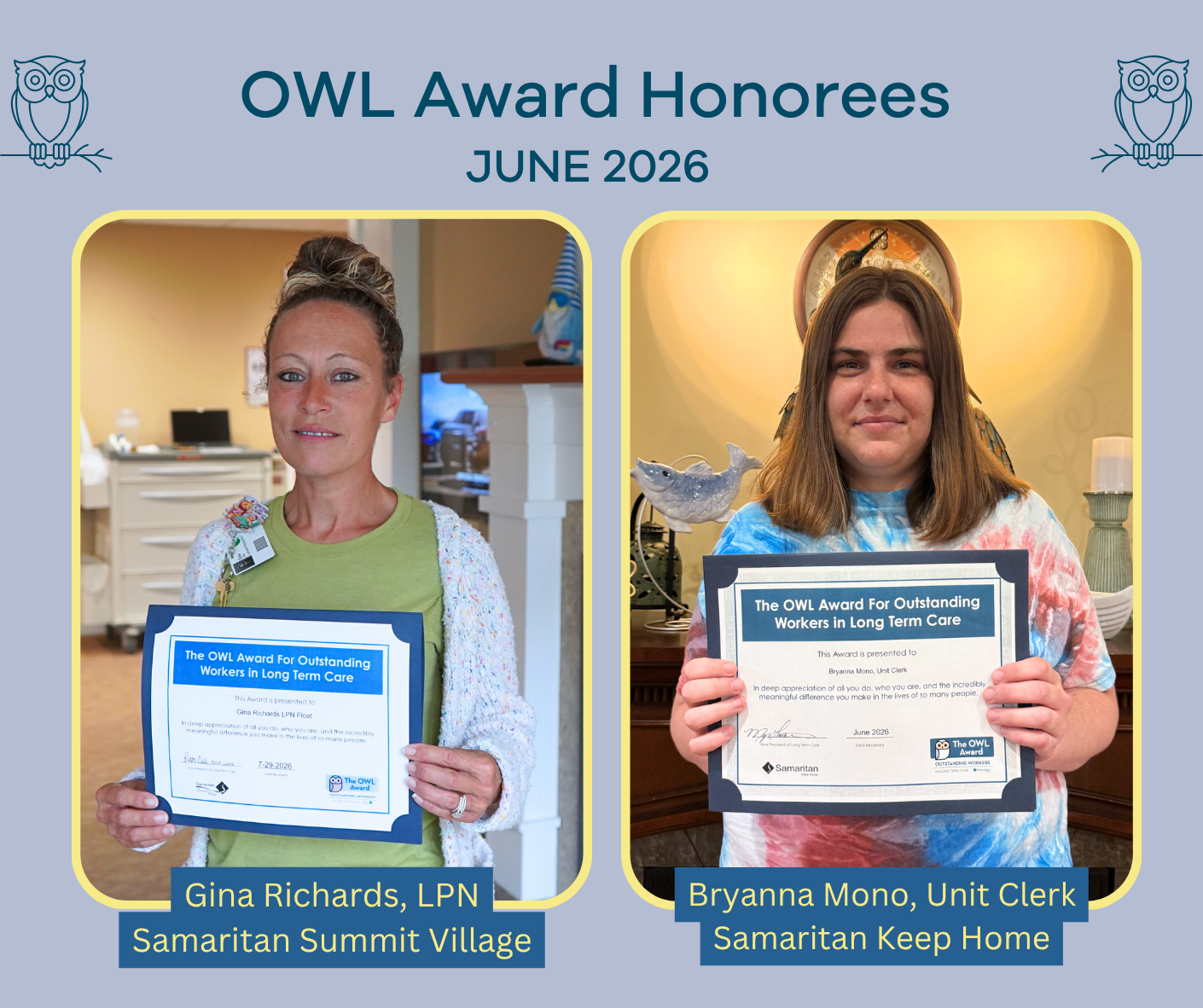 graphic showing photos of June 2026 OWL Award winners Gina Richards and Bryanna Mono