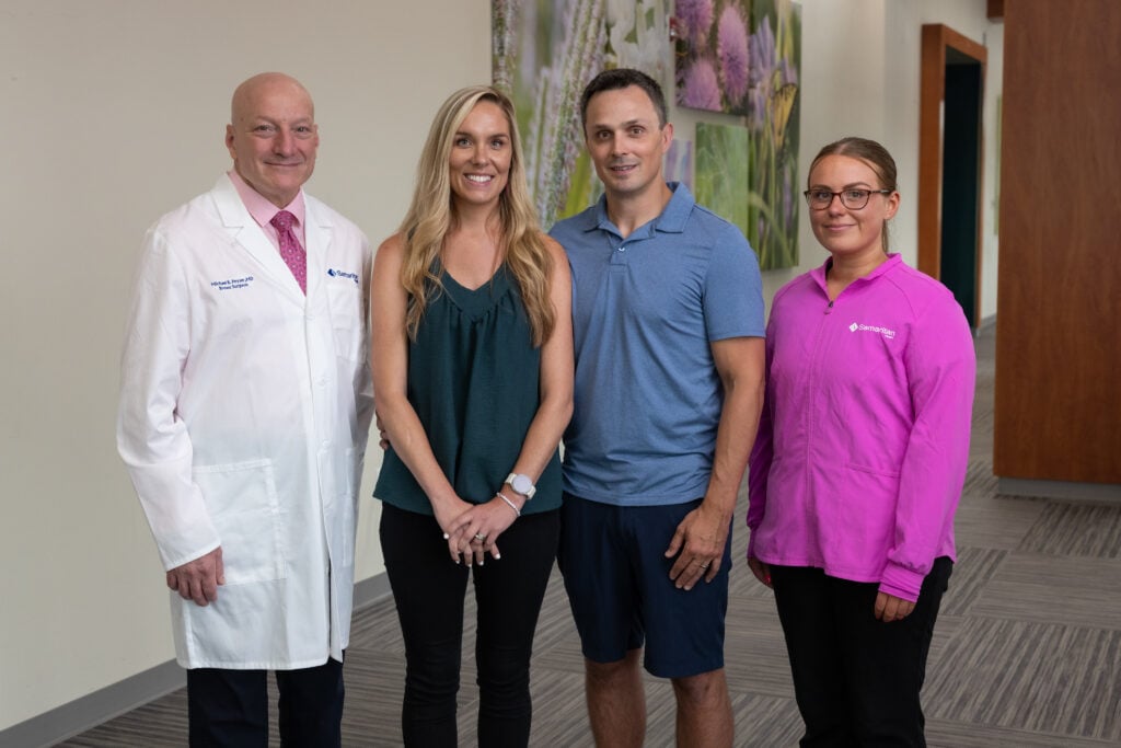 A group photo of Samaritan Breast Surgeon Dr. Michael Peyser, Holly and Matt Rogers, and Jayda McNett, LPN, Women's Wellness and Breast Care.