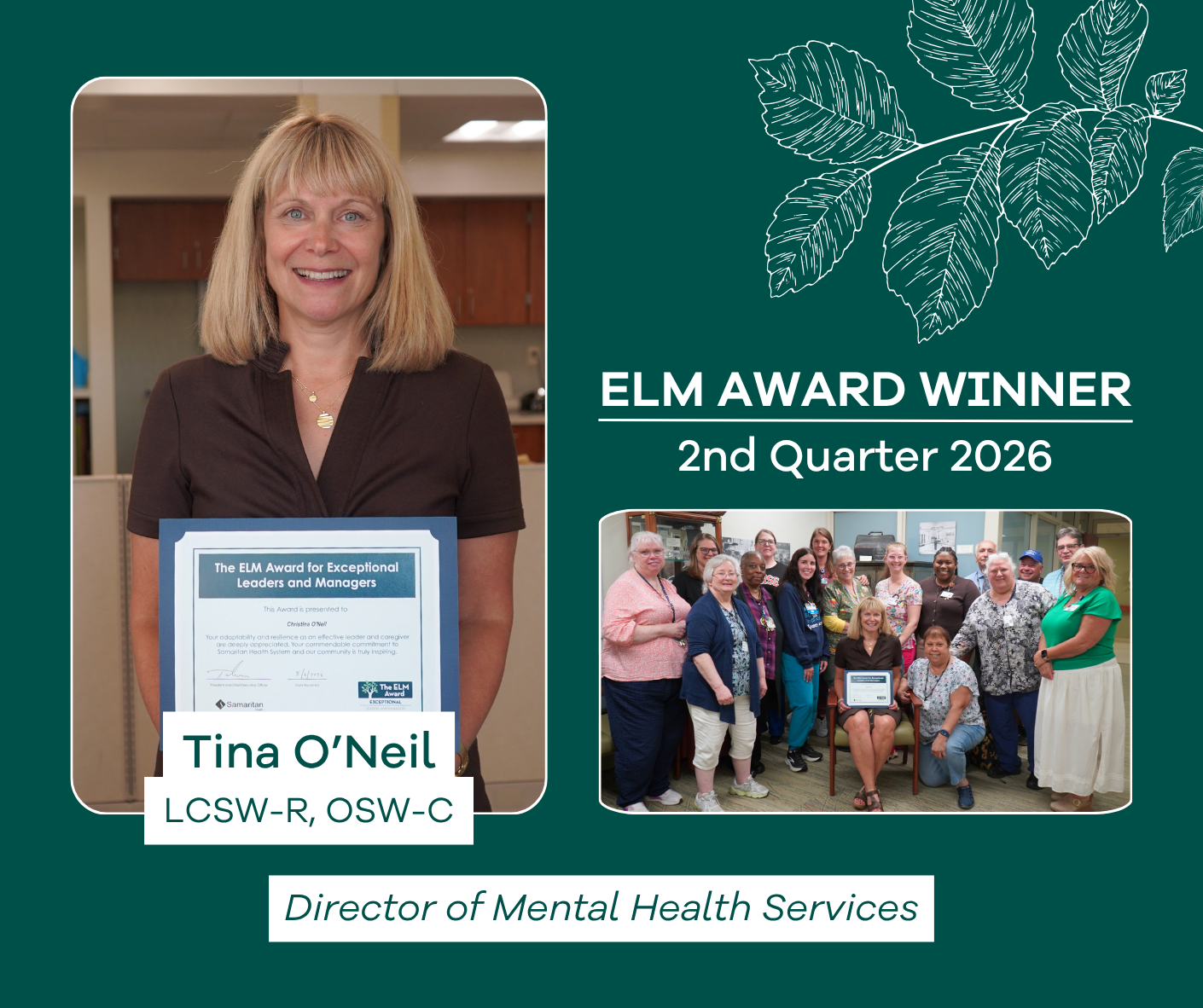 graphic showing photos of Tina O'Neil, ELM Award winner
