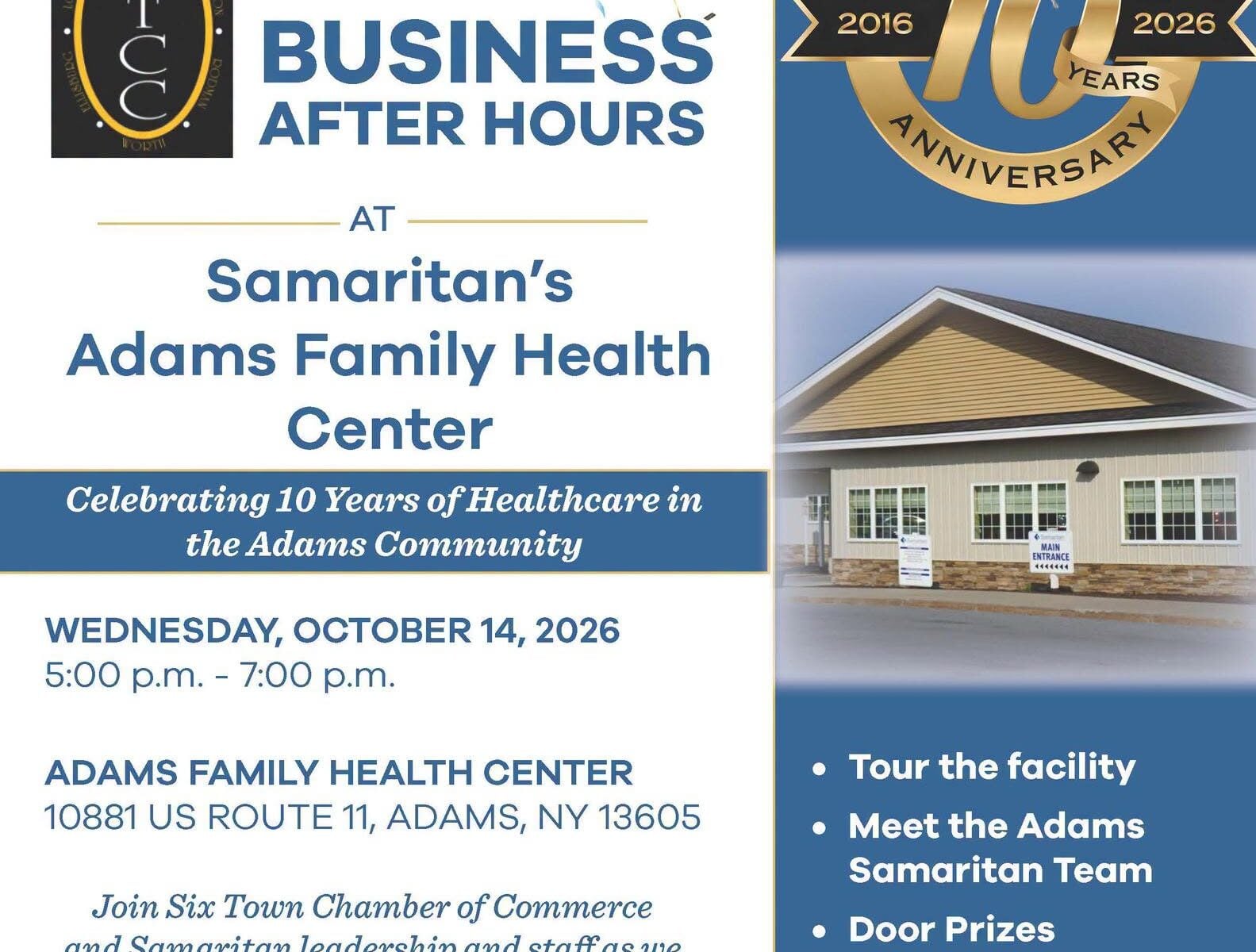 A flyer to promote the Adams Family Health Center's 10-year anniversary